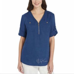 ELLEN TRACY 100% Linen Navy Blue‎ Tunic Top Roll Tab Sleeve V-Neck Size Medium